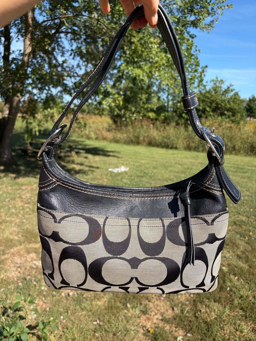 Coach Signature Jacquard and Leather Shoulder Bag Black Gray